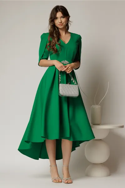 Rochie DY Fashion verde asimetrica cu maneci lalea si aplicatie pe talie
