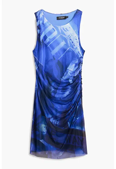 Rochie cu imprimeu si strat exterior din plasa - Alb/Albastru