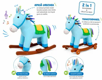 Balansoar Little Mom Unicorn Bouncy din plus,cu roti, sunete baza solida din lemn, recomandat 3 ani+