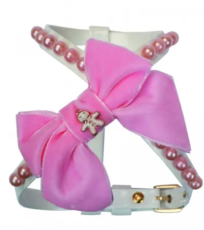 Ham ajustabil, roz, infrumusetat cu perle si funda de catifea, circumferinta piept 31-35 cm x circumferinta gat 26 cm