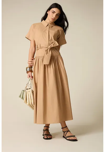 Rochie-camasa evazata cu cordon in talie - Bej inchis