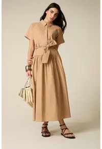Rochie-camasa evazata cu cordon in talie - Bej inchis