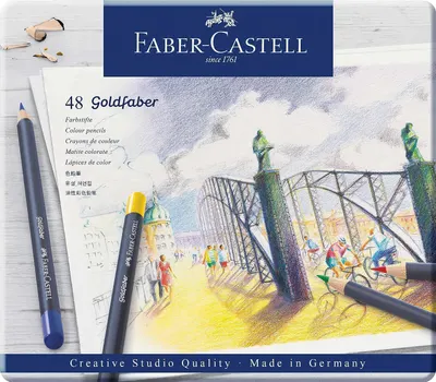 Set de creioane colorate Faber-Castell Goldfaber - 48 culori, într-o cutie metalică
