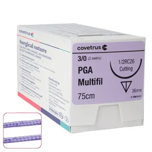 Fir sutura cu ac PGA, polifilament resorbabil, EP 3, USP 2/0, ac traumatic 1/2RC30, 75 cm, 12 buc/set CVET