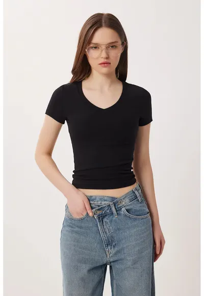 Tricou dama - Happiness Istanbul - Basic - decolteu in V - negru - amestec de bumbac