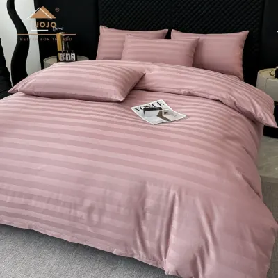 Lenjerie de Pat HoReCa DeLuxe, Damasc Premium din Bumbac Egiptean 100% , 6 Piese, Dunga Lata Tesuta, Cearceaf cu Elastic, Roz Prafuit