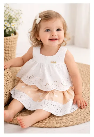 Set elegant fetite bluza brodata si fusta bej buline compleu copii