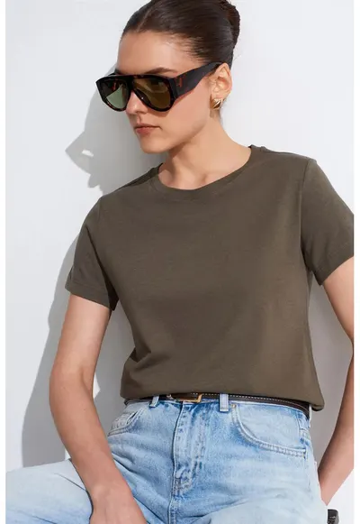 Tricou dama - regular fit - maneca scurta - verde kaki - bumbac si Tencel