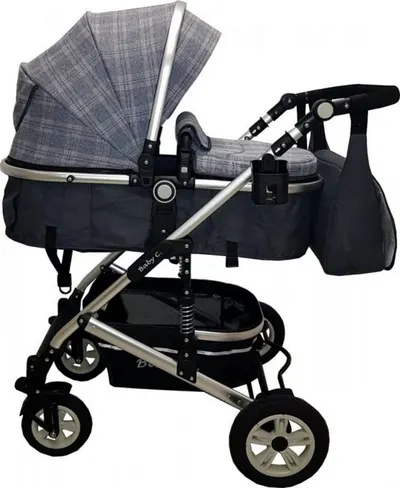 Carucior pentru copii Baby Care Pro 531 Gri Carouri 3 in 1 Transformabil, Cadru Aluminiu, Amortizoare, Roti din cauciuc, Spatar reglabil 3 trepte, Plasa insecte, Geanta