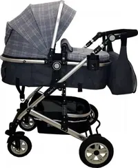 Carucior pentru copii Baby Care Pro 531 Gri Carouri 3 in 1 Transformabil, Cadru Aluminiu, Amortizoare, Roti din cauciuc, Spatar reglabil 3 trepte, Plasa insecte, Geanta