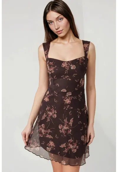 Rochie mini - din tul cu imprimeu - decolteu inima - maro