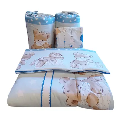 Lenjerie din bumbac cu 5 piese pentru saltea 140x70 cm Beberoyal BearsRabbit Albastru