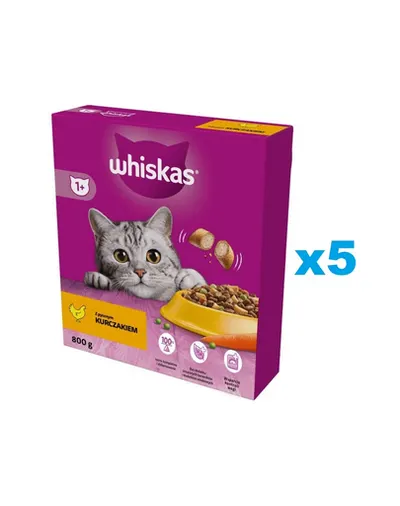 WHISKAS Adult 5x800 g hrana completa uscata cu pui delicios pentru pisici adulte