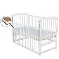 Patut din lemn bebe, 120x60 cm, Cu laterala culisanta, Din lemn de pin, Stabil si rezistent, Inaltime saltea reglabila pe 3 nivele, Laterala cu 3 bete detasabile, EN716-1, EN716-2, Alb, Babyneeds, Ola + Saltea 12 cm