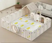 Gardulet loc de joaca Nichiduta Garden Moon House Coffee 240x200 cm cu poarta de siguranta, cos baschet, tabla de scris, covoras spuma 1cm grosime, cuburi, cosulet pliabil, 100 bile, casuta si lumini