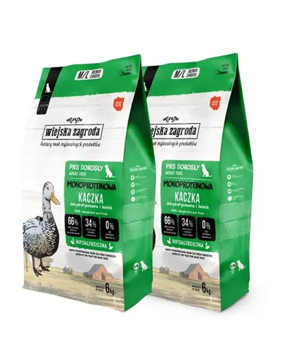 WIEJSKA ZAGRODA Hrană uscată monoproteică cu rață pentru câini M/L 2x6 kg