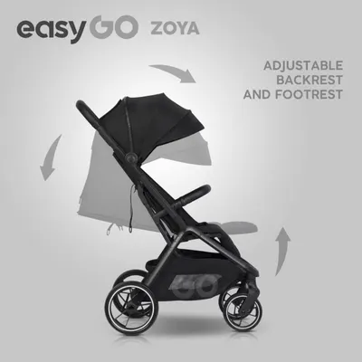 Carucior 2 in 1 pentru copii Easy Go Zoya Ebony cu pliere automata Dual Fold, pana la 22 kg, copertina XXL, pozitie de somn si spatar inalt