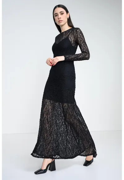 Rochie lunga cu dantela - Negru
