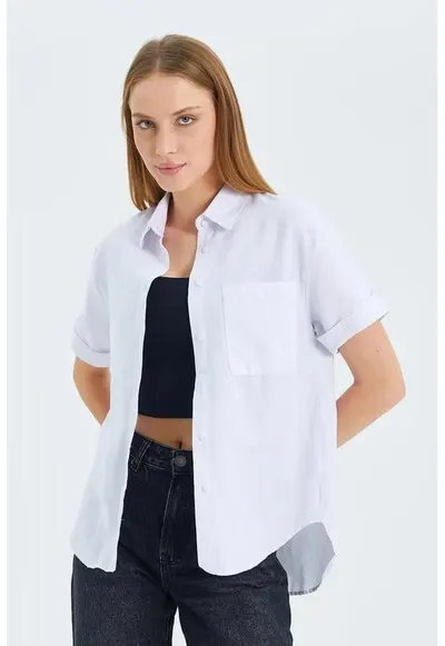 Camasa dama - camasa Slim Fit Poplin cu buzunar - alb - textil