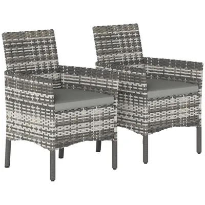 Outsunny Set de 2 Scaune de Grădină din Ratan, Scaune de Exterior cu Perne, Cotiere și Spătar Înalt, Cadru din Oțel pentru Verandă, Balcon, Lângă Piscină și Grădină, Gri | Aosom Romania