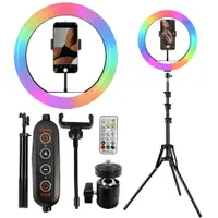 Lampa circulara RGB Ring Light NewEvo, Foto, MakeUp, YouTube, 60W, diametru 26 cm, Iluminare RGB, 18 culori diferite de fundal, cu trepied 210cm