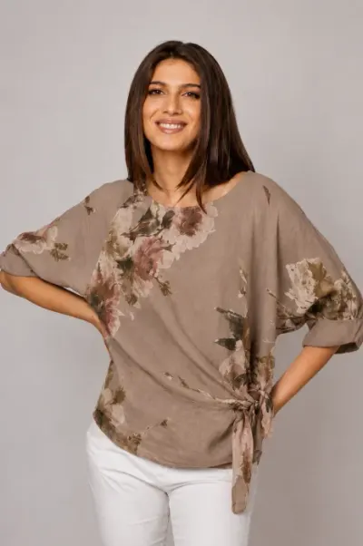 Bluza din in cu imprimeu floral watercolor si prindere laterala, bej fango