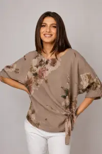Bluza din in cu imprimeu floral watercolor si prindere laterala, bej fango