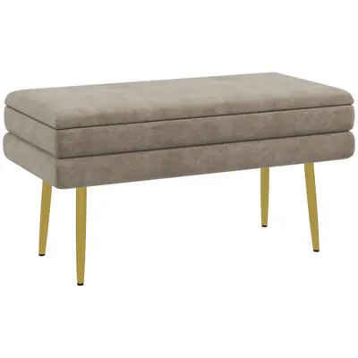 HOMCOM Bancă bancută cu spațiu de depozitare 2 în 1, șezut cu aspect de catifea și picioare din oțel - 79,5L x 37,5P x 43Î cm bej și aurit | Aosom Romania