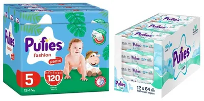 Scutece chiloței Pufies Fashion - Mărimea 5, 12-17 kg, 120 buc + șervețele umede Pufies Clean Care - 12 x 64 buc