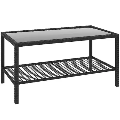 Outsunny Măsuță de Cafea din Ratan pe 2 Niveluri cu Raft, Blat din Sticlă Securizată, Măsuță de Exterior cu Cadru din Oțel, 92x50x45 cm, Negru | Aosom Romania