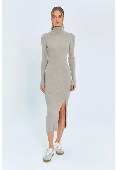Rochii - Rochie tricotata midi cu guler si slit - Stone Natural - tricot