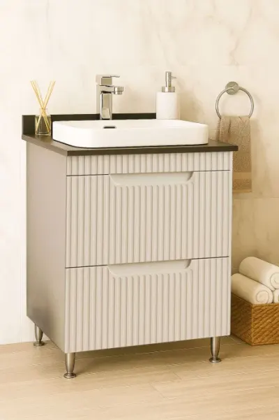 Set Baza front MDF si Lavoar seria 633, cu sertare, montata, 60 cm, crem