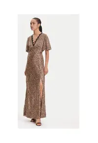 Rochie lungă animal print cu decolteu în V și despicatura laterala
