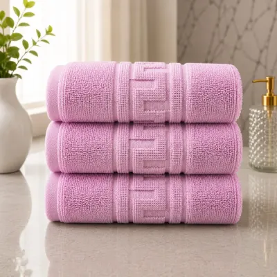 Set 3 prosoape mari, Greek Border, 70x130cm, din 100% bumbac pakistanez, 380g, Roz