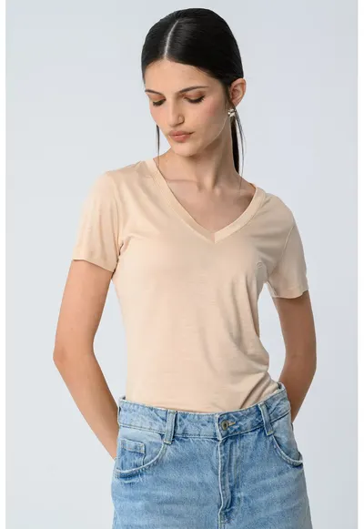 Tricou din lyocell cu decolteu in V - Piersica