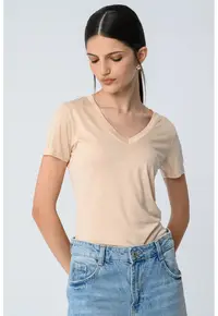 Tricou din lyocell cu decolteu in V - Piersica