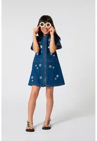 Rochie de denim cu fermoar si model floral de paiete - Albastru