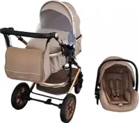 Carucior pentru copii Baby Care Pro 530 Maro Gold 3 in 1 Transformabil, Cadru Aluminiu, Amortizoare, Roti din cauciuc, Spatar reglabil 3 trepte, Plasa insecte, Geanta