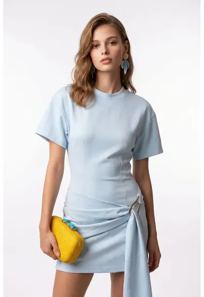 Rochie mini - drapaj - albastru deschis - poliester