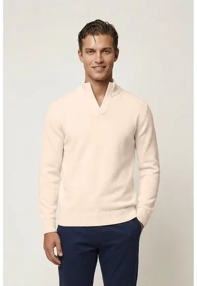 Pulover din bumbac cu model uni - Bej deschis
