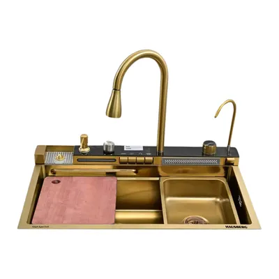 Set chiuveta multifunctionala HAUSBERG HBC-9955AU din otel inoxidabil, baterie dubla, cuva perforata fructe/legume, cuva universala cu dop scurgere, tocator, 750x460x220 mm, accesorii incluse, Auriu Engros