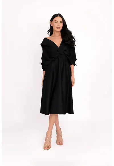 Rochie midi evazata de satin - Negru