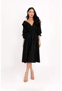 Rochie midi evazata de satin - Negru