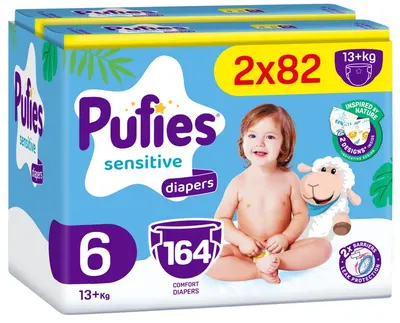 Scutece pentru bebeluși Pufies Sensitive - Extra Large, mărimea 6, 164 buc, 13+ kg, Mega Pack 2