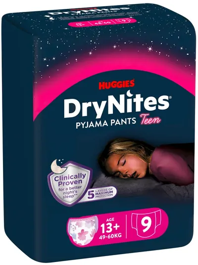 Scutece-chiloței de noapte Huggies DryNites - 13+ ani, 49-60 kg, 9 buc, roz