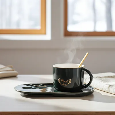 Cana pentru cappuccino și ceai Morello - Wood Elves, cu farfurioară și linguriță 250 ml, Gri
