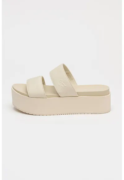 Papuci cu talpa flatform si bareta dubla - Maro nisip