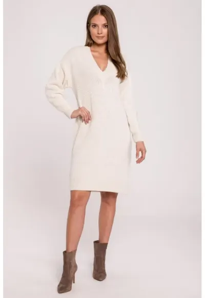 Rochie tip pulover cu decolteu in V - - Ecru