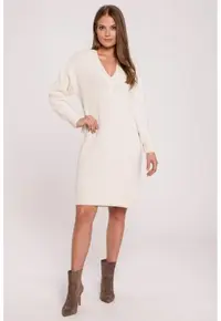 Rochie tip pulover cu decolteu in V - - Ecru