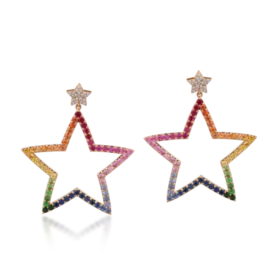 Cercei stele din aur roz cu safire multicolore de 6ct si diamante de 0.28ct
